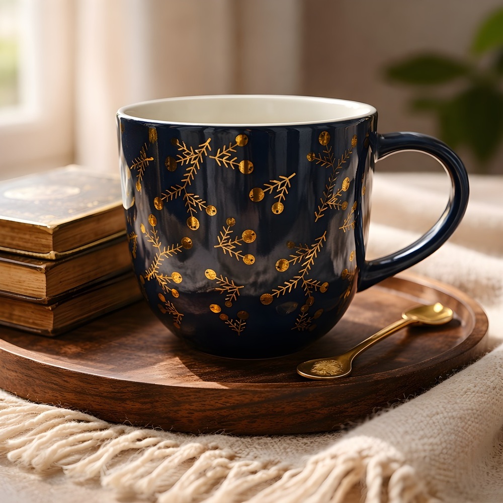 DAVIDsTEA Navy & Gold Holly Berry Mistletoe Holiday Mug